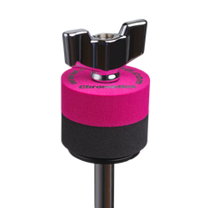 Crimson Cympad Chromatics cymbal washer installed on a cymbal stand with a wing nut, showing foam washer placement for improved cymbal control, sound, and protection.