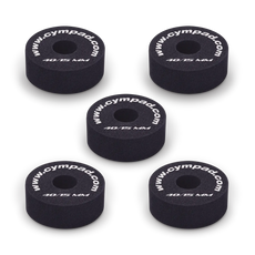 Five Cympad Optimizer 15mm washers arranged together, each featuring white text. These durable washers are designed to improve cymbal performance by providing enhanced control, stability, and sound quality for drummers.